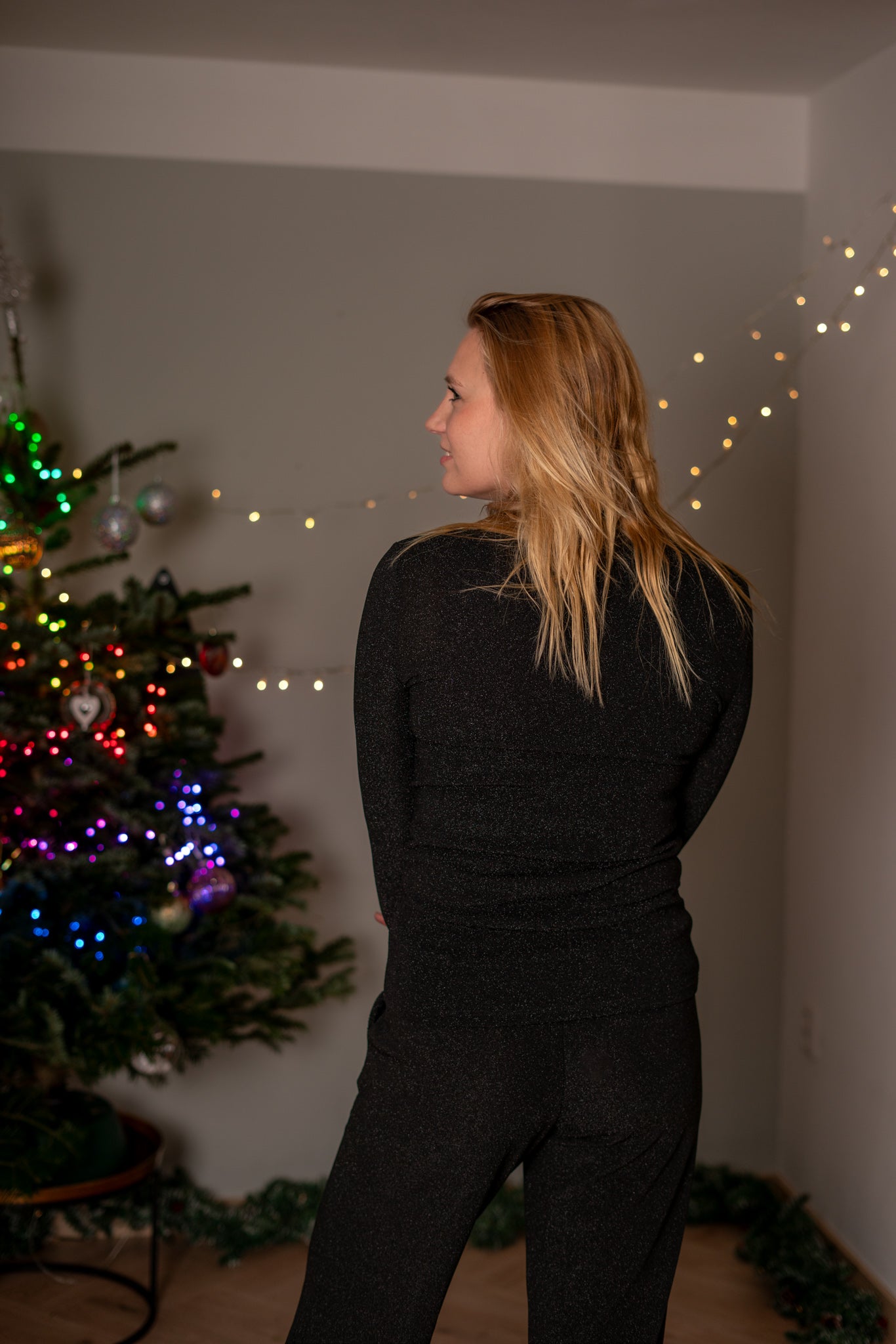 Zwart Glitter Shirtje met Lange Mouwen